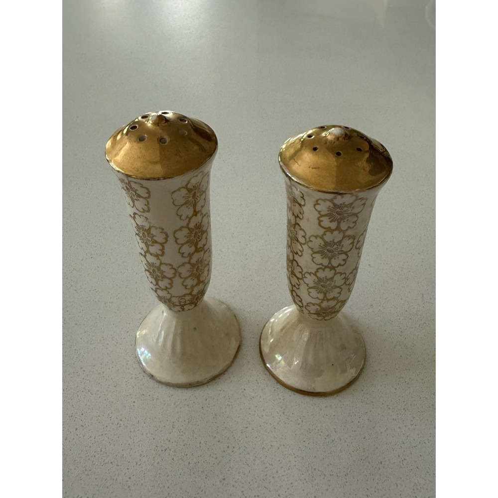 Vintage Iridescent Salt & Pepper Shakers Gold Cream Floral With‎ Stoppers